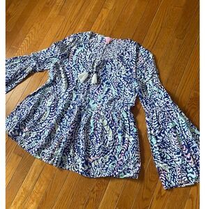 Lily Pulitzer Kahli Shirt Women Small Grotto Bell Sleeve Tunic Boho Rayon Blouse